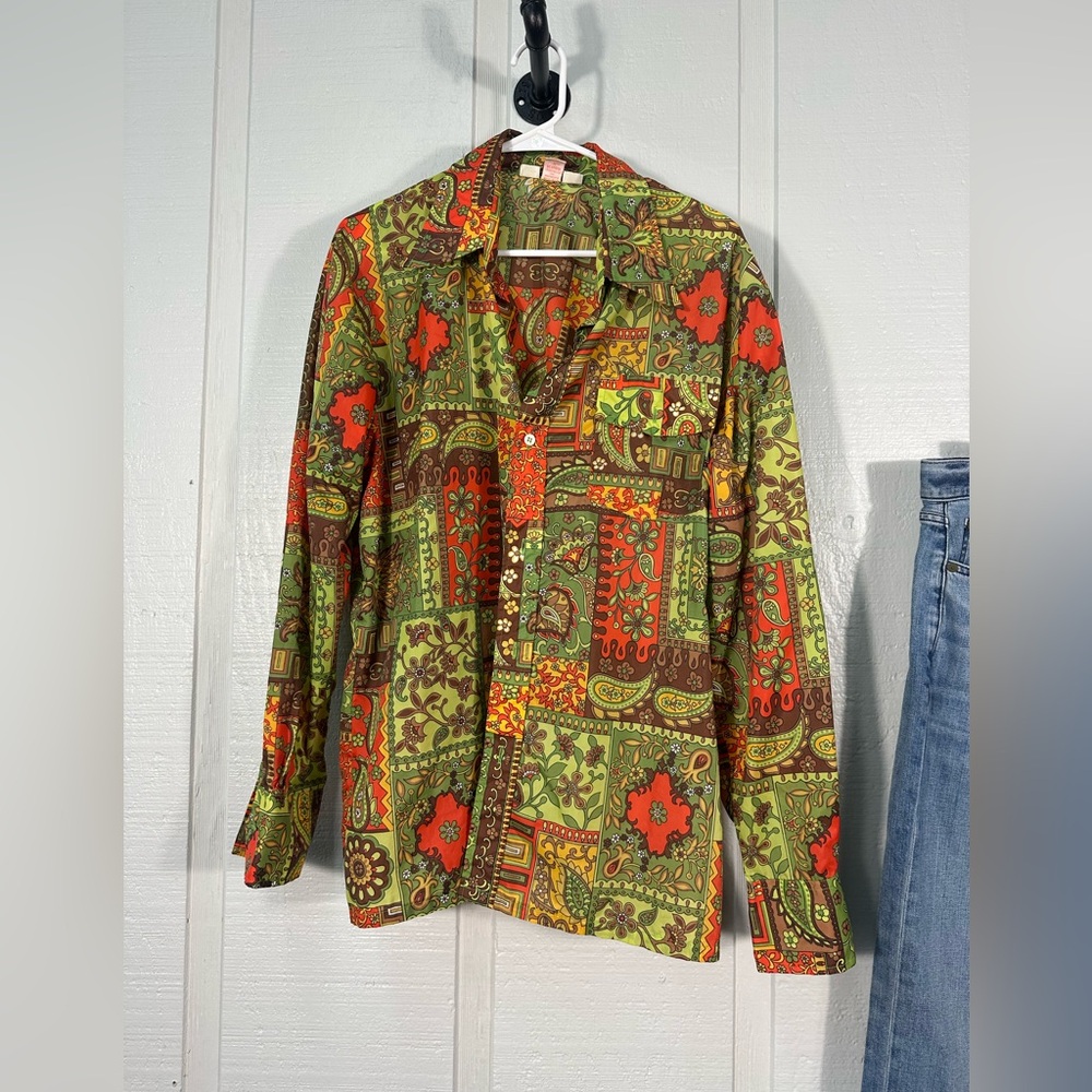 Vintage 1960s SKYR Psychedelic Green and Orange Paisley/Floral Shirt No Size EUC